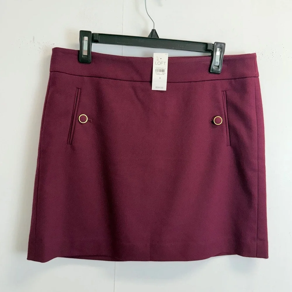 NEW LOFT Women Size 8 Magenta Purple Twill Mini Skirt Gold Button Pockets